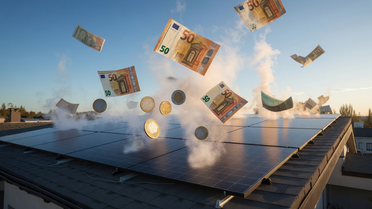 Bankbiljetten en munten waaien weg boven een dak vol zonnepanelen
