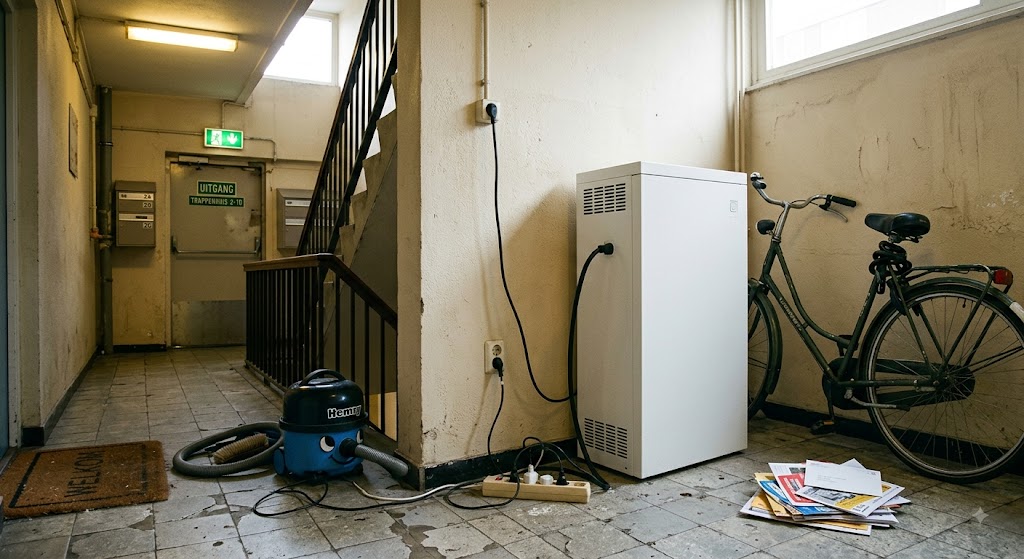 Een witte thuisbatterij op wieltjes in een gedeeld trappenhuis van een appartementencomplex, met de stekker in een gewoon stopcontact naast een fiets