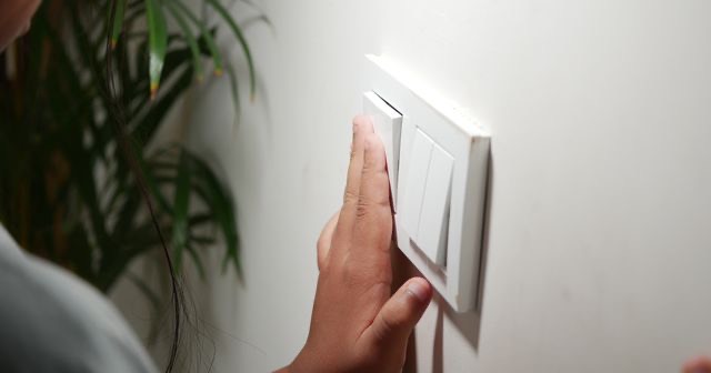 Een hand drukt op een lichtschakelaar aan een witte muur, naast een kamerplant